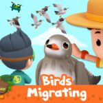 Cartoon scene with kids and a ranger watching migrating birds; a large central bird, blue sky, and an orange banner reading 'Birds Migrating' alongside the 'Leo the Wildlife Ranger' logo.