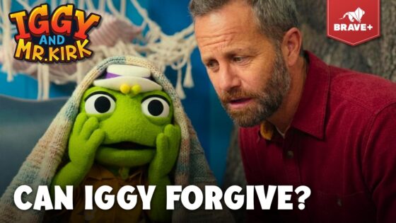 Thumbnail for Brave+ video: green puppet Iggy under a blanket beside a concerned man, caption 'CAN IGGY FORGIVE?'