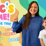 Colorful thumbnail for a kids' Bible learning video titled 'ABC's of Me' featuring a smiling woman and a girl pointing upward with text about songs, movement games, and Bible learning.