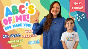 Colorful thumbnail for a kids' Bible learning video titled 'ABC's of Me' featuring a smiling woman and a girl pointing upward with text about songs, movement games, and Bible learning.
