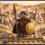 LEGO warrior stands in desert ruins, holding a spear and round shield.