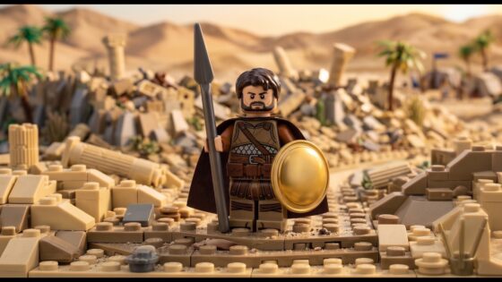 LEGO warrior stands in desert ruins, holding a spear and round shield.