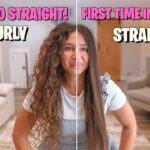 Thumbnail split-view: curly hair on the left and straight hair on the right, with bold pink text about a curl-to-straight transformation in a cozy living room setting.