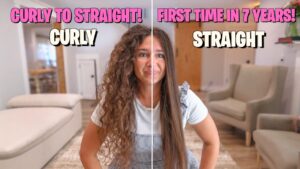 Thumbnail split-view: curly hair on the left and straight hair on the right, with bold pink text about a curl-to-straight transformation in a cozy living room setting.