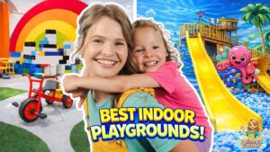 Smiling woman hugs a cheerful girl in a colorful indoor playground with a rainbow, blocks, tricycle and yellow slide in the background.