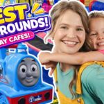 Smiling woman with a young girl hugging her on a colorful playground with a blue toy train and bold 'Best Playgrounds' text—video thumbnail.