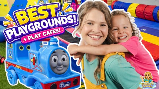 Smiling woman with a young girl hugging her on a colorful playground with a blue toy train and bold 'Best Playgrounds' text—video thumbnail.