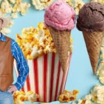 Smiling man in a cowboy hat and leather vest stands beside oversized ice cream cones and popcorn on a blue background.