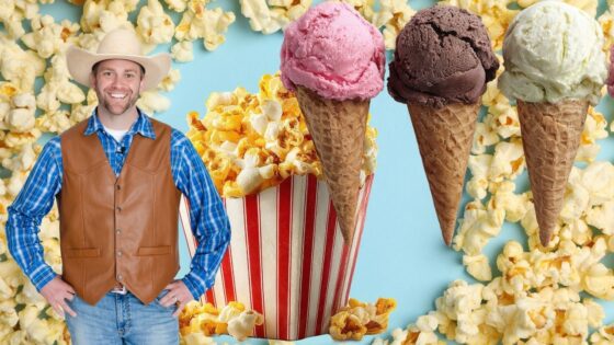 Smiling man in a cowboy hat and leather vest stands beside oversized ice cream cones and popcorn on a blue background.