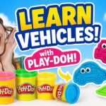 Happy woman beside bright Play-Doh containers and colorful vehicle molds for kids learning vehicles.