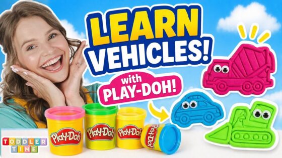 Happy woman beside bright Play-Doh containers and colorful vehicle molds for kids learning vehicles.