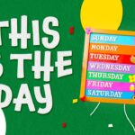Bold white text 'THIS IS THE DAY' on a green background with a colorful days-of-week board and a plush sheep; includes God's Greenhouse logo.
