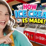 Smiling woman in a teal top and yellow apron points at a bright 'How Ice Cream Is Made' sign in an ice cream shop background.