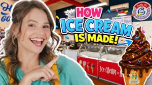 Smiling woman in a teal top and yellow apron points at a bright 'How Ice Cream Is Made' sign in an ice cream shop background.