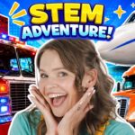 Smiling woman in front of an emergency vehicle, an airplane, and an orange truck under a bold 'STEM ADVENTURE' banner.