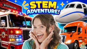 Smiling woman in front of an emergency vehicle, an airplane, and an orange truck under a bold 'STEM ADVENTURE' banner.