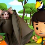 Animated boy wildlife ranger with a large bat in a jungle setting, parrot perched on his head, 11 Min badge in the corner.