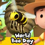 Animated wildlife-ranger boy beside a beehive with buzzing bees; 'World Bee Day' banner and Leo the Wildlife Ranger logo visible.