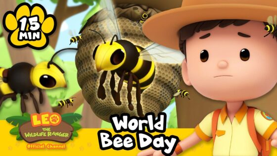 Animated wildlife-ranger boy beside a beehive with buzzing bees; 'World Bee Day' banner and Leo the Wildlife Ranger logo visible.