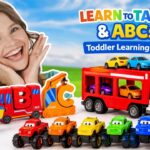 Happy woman beside colorful ABC blocks, toy vehicles, and a red truck on a sunny backdrop; thumbnail for Learn to Talk & ABCs Toddler Learning Mix.