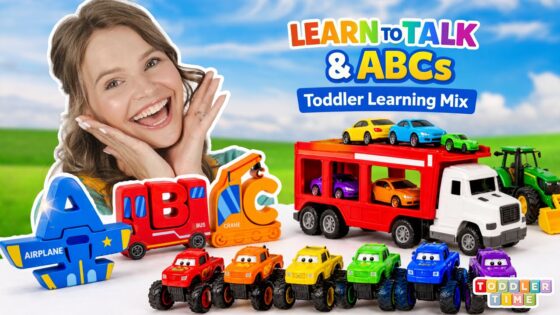 Happy woman beside colorful ABC blocks, toy vehicles, and a red truck on a sunny backdrop; thumbnail for Learn to Talk & ABCs Toddler Learning Mix.