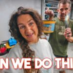 Smiling woman with curly hair and a man in a green shirt hold a yellow bucket toward the camera in a garage, with the bold caption 'CAN WE DO THIS?'