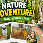 Bright, kid-friendly YouTube thumbnail: a smiling presenter with a yellow backpack and collage of nature activity photos (beekeeping, farm animal) promoting Nature Adventure! Learn • Explore • Play.
