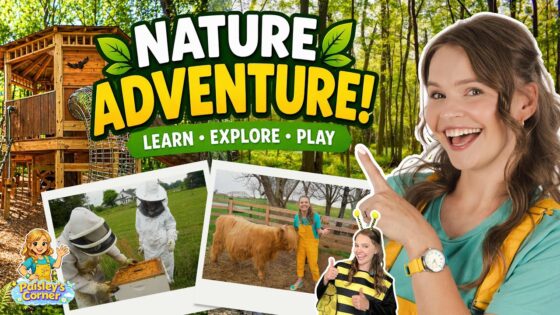 Bright, kid-friendly YouTube thumbnail: a smiling presenter with a yellow backpack and collage of nature activity photos (beekeeping, farm animal) promoting Nature Adventure! Learn • Explore • Play.