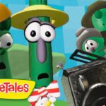 VeggieTales characters—green beans wearing hats—peering from a vintage car, with the VeggieTales logo in the corner against a bright blue background.