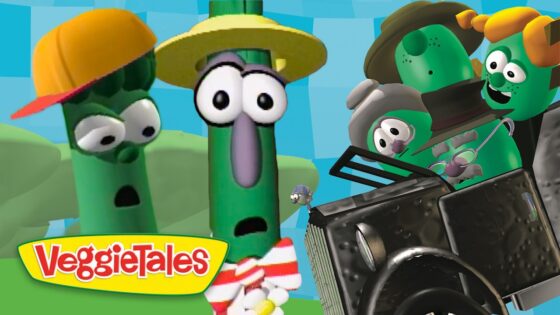 VeggieTales characters—green beans wearing hats—peering from a vintage car, with the VeggieTales logo in the corner against a bright blue background.