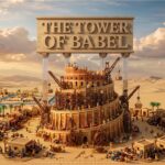 LEGO model of the Tower of Babel under a desert sky, with cranes and tiny figures working around a circular stone tower.