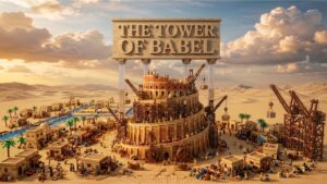 LEGO model of the Tower of Babel under a desert sky, with cranes and tiny figures working around a circular stone tower.