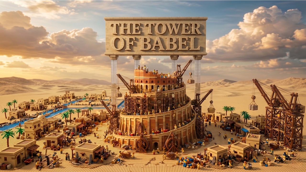 LEGO model of the Tower of Babel under a desert sky, with cranes and tiny figures working around a circular stone tower.