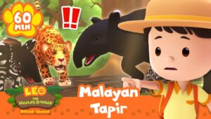 Cartoon safari boy points at a Malayan tapir and jungle animals in a kids' video thumbnail, with a 60 MIN label and leopard nearby.