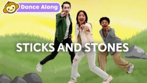 Three youths point at the viewer as a bold 'STICKS AND STONES' title appears; top-left shows a purple 'Dance Along' badge with a monkey logo on a bright background.