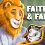 Brave+ logo in top-left; a smiling orange lion comforts a small white tiger cub wrapped in a yellow-purple blanket, with the bold 'FAITH & FAMILY' text.